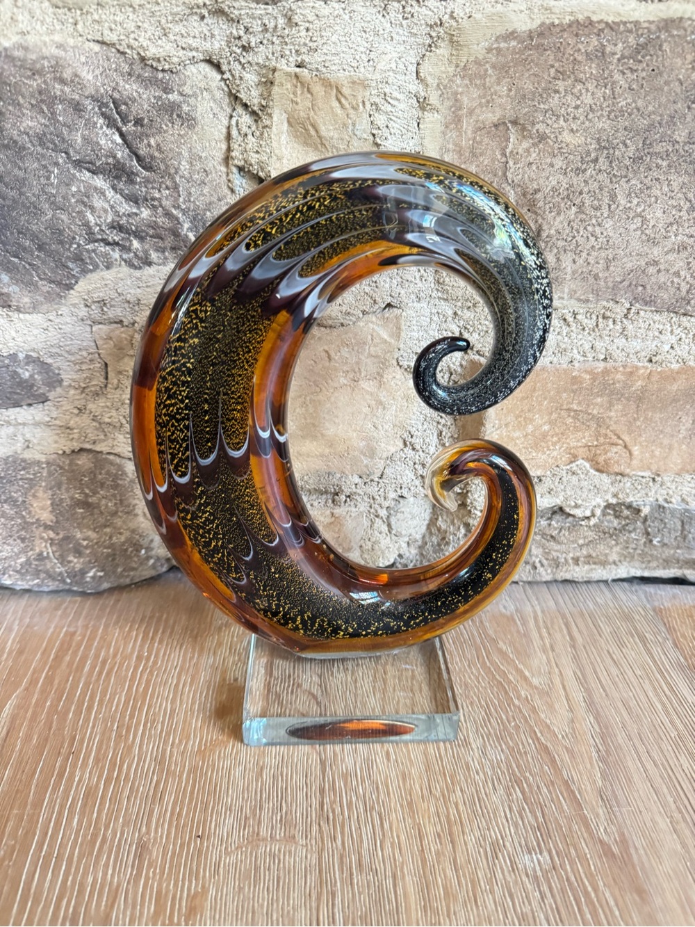 🔥MURANO Glass C shaped sculpture Gold and Brown Hand Blown glass PriceFirm